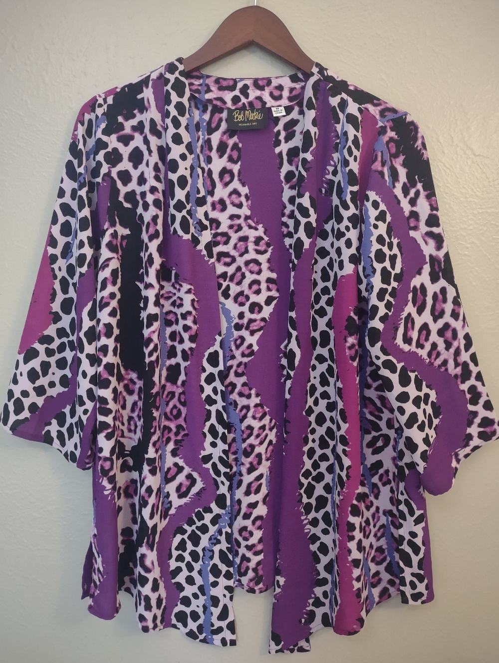 Bob Mackie Wearable Art Purple Animal Print Open Front Kimono Cardigan Jacket -